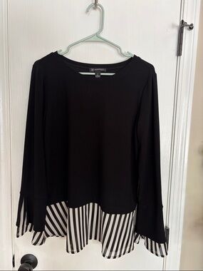 INC International Concepts Black Long-Sleeve Top with Striped Hem